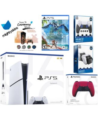 Playstation 5 Slim Disc Bundle with Horizon Forbidden West, Extra Controller, FPS Grip Kit, Dual Charge Dock and MightySkins Decal Voucher