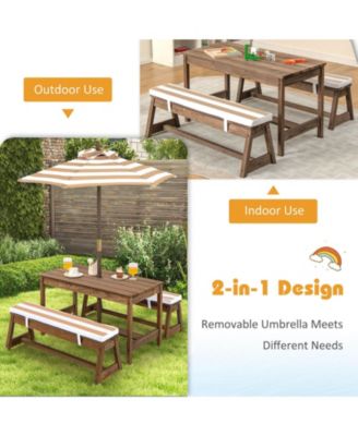 Kids Picnic Table and Bench Set with Cushions and Height Adjustable Umbrella