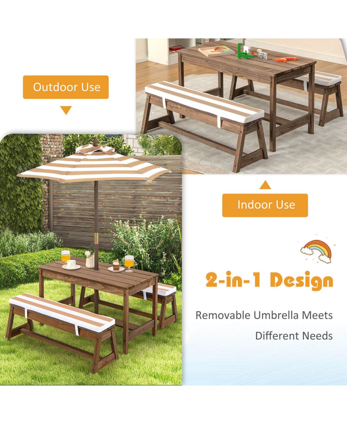 Kids Picnic Table and Bench Set with Cushions and Height Adjustable Umbrella