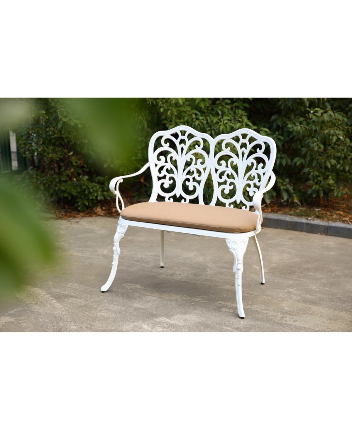 Streamdale White Metal Floral Park Bench for Outdoor Spaces