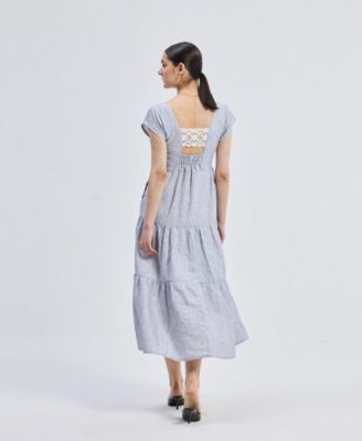 Women's Gathered Tiered Dress with Front-ties - Linen stripes