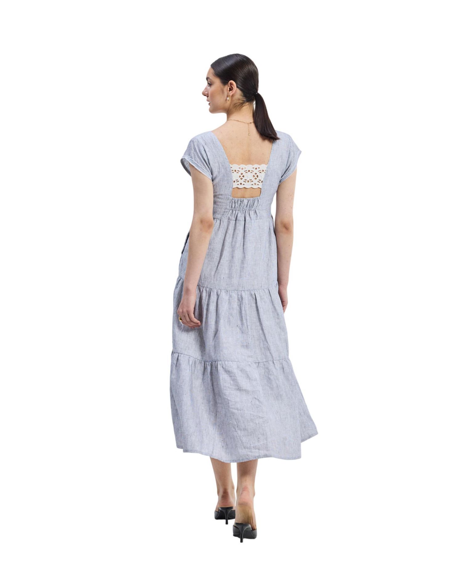 Women's Gathered Tiered Dress with Front-ties - Linen stripes