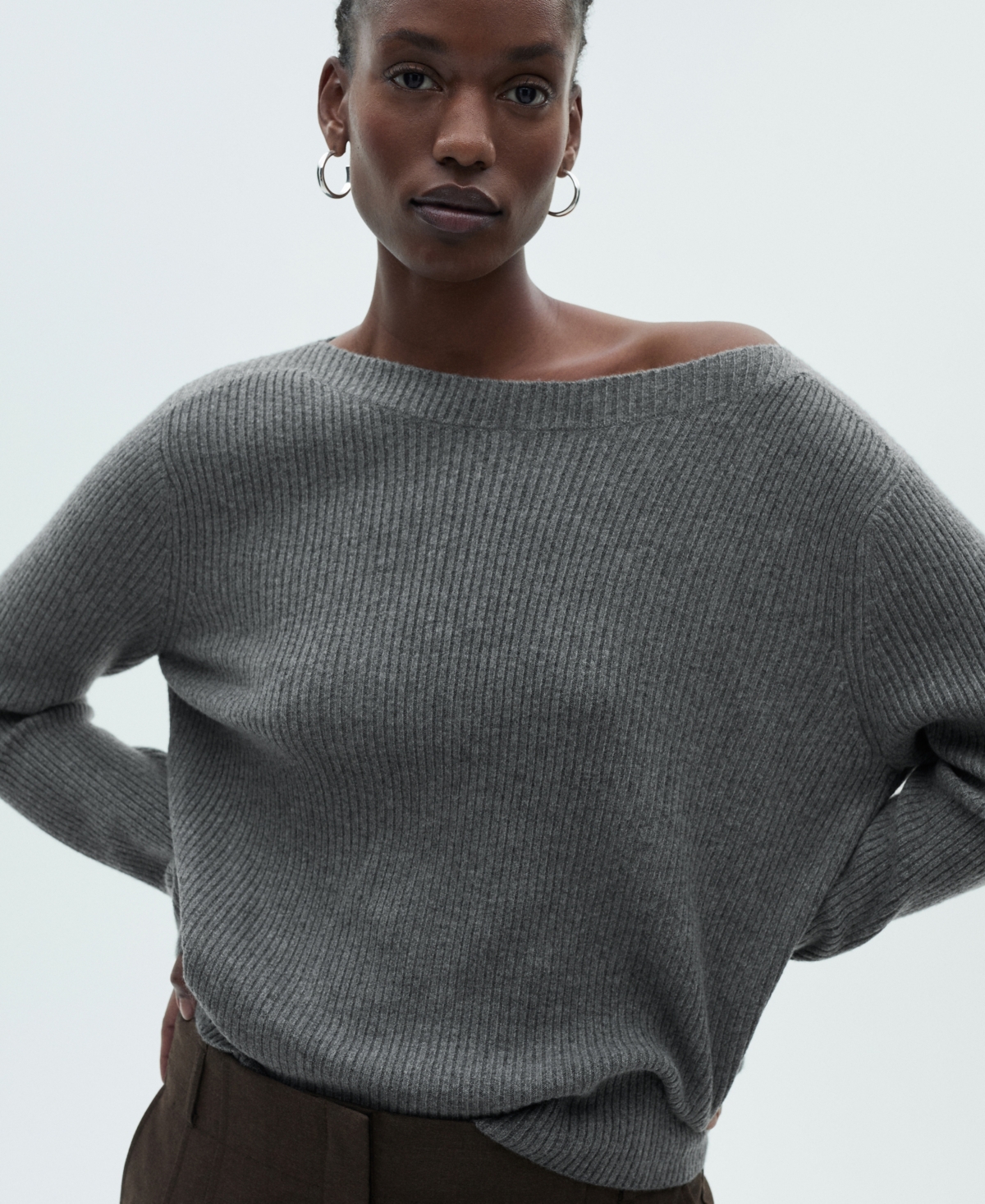 Mango Boat Neck Rib Sweater In Charcoal