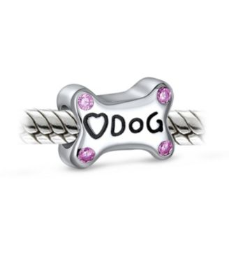 Sterling Silver Dog Bone Pink CZ Heart Charm Bead Bracelet Puppy Pet Theme