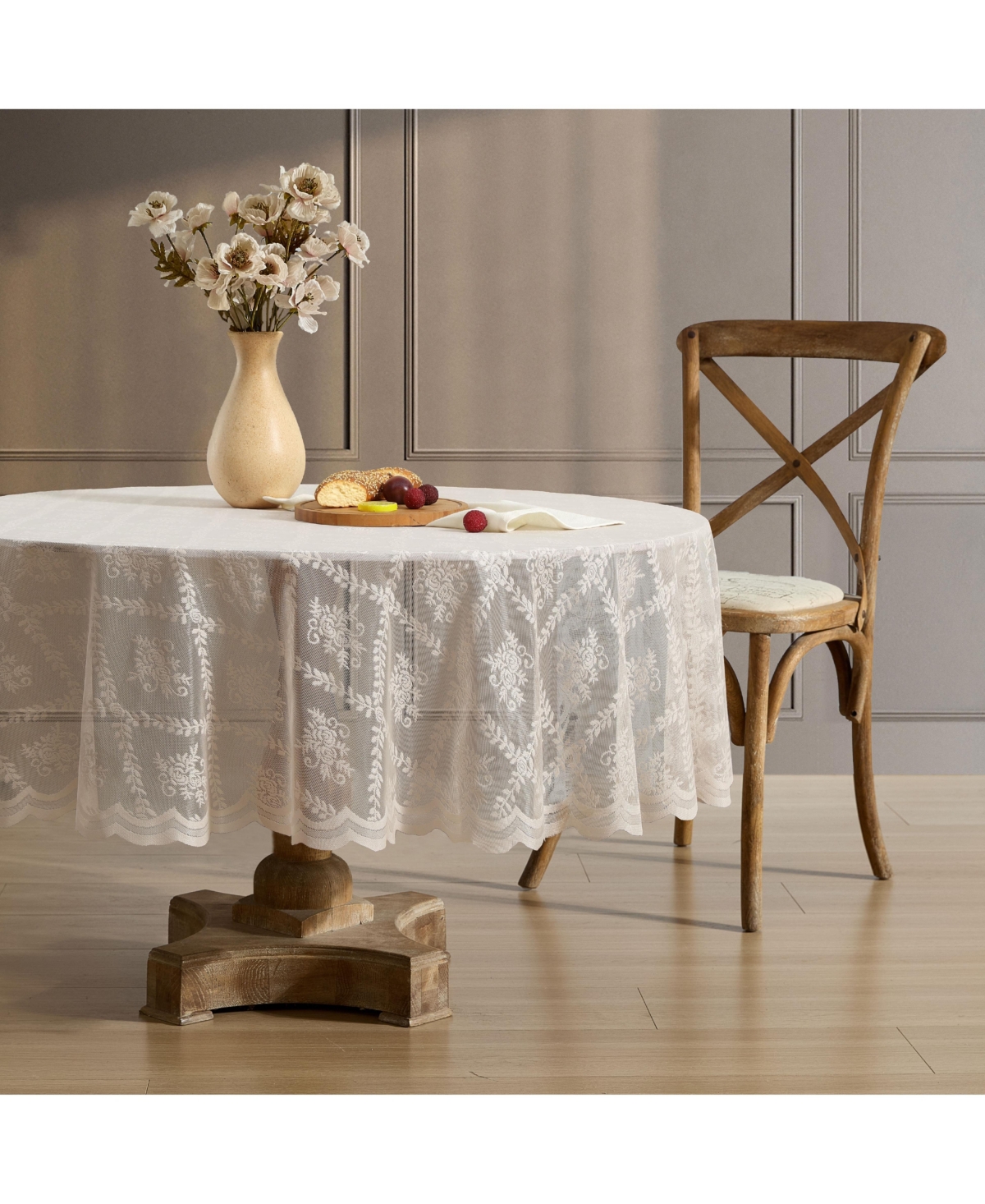 Isabella Floral Lace Fabric Tablecloth, Lace Fabric Table Cloth for Round Tables, Wrinkle Resistant Tablecloth, Patterned Scalloped Tablecloth