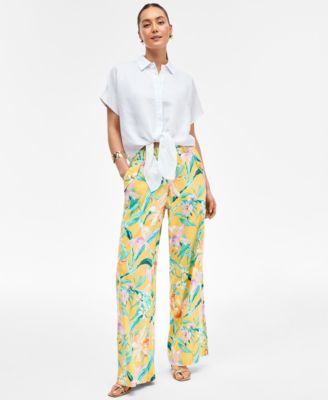 Inc International Concepts Womens Printed Linen Blend Wide Leg Pants P Xs 3x Exclusively At Macys In Yellow