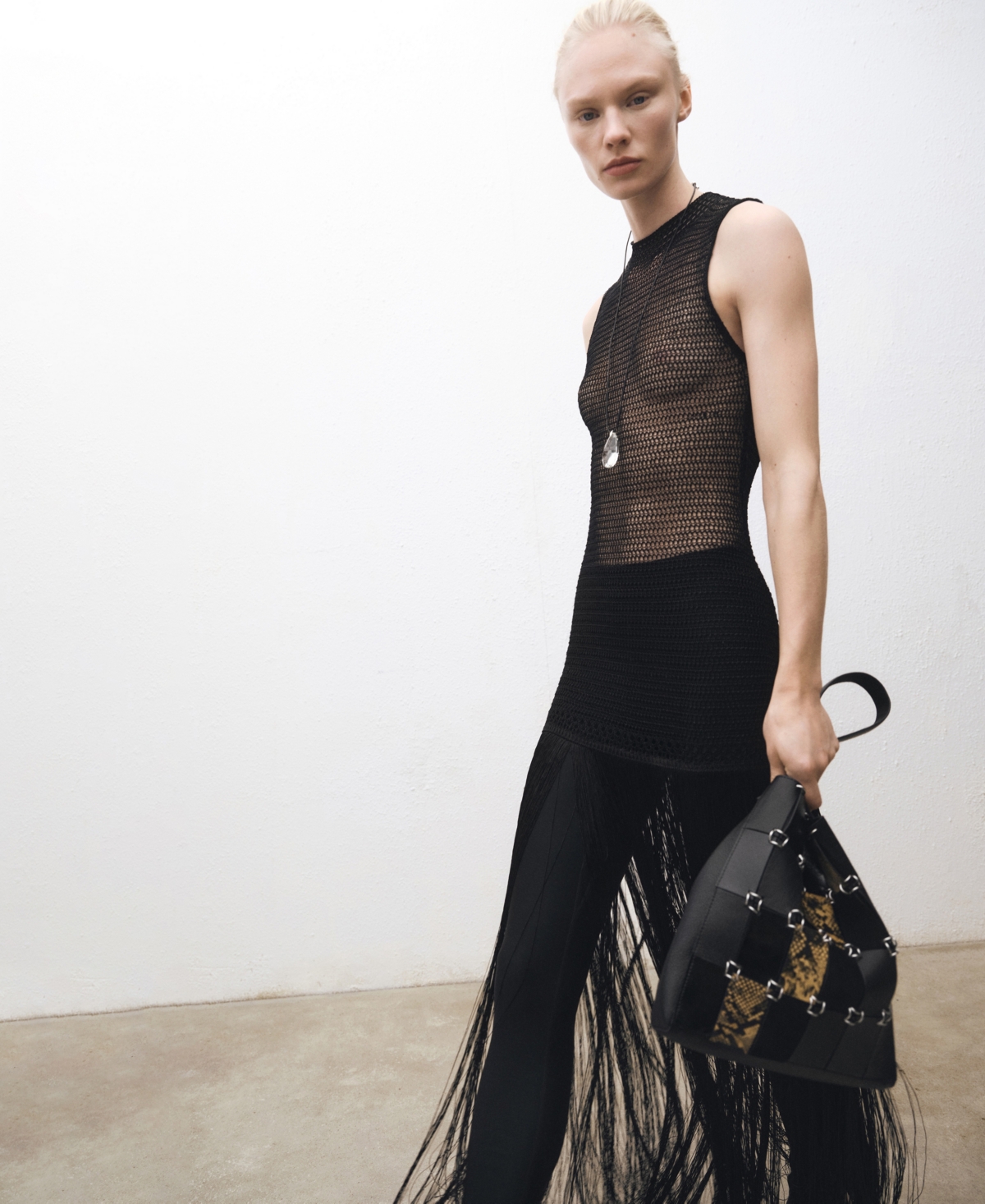 Mango Women's Openwork Fringed Knit Dress In Black