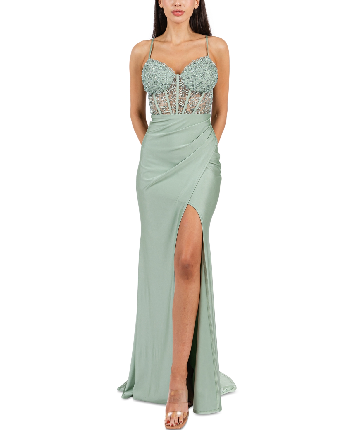 Juniors' Strappy Sequinned-Lace Illusion-Corset Maxi Dress - Sage