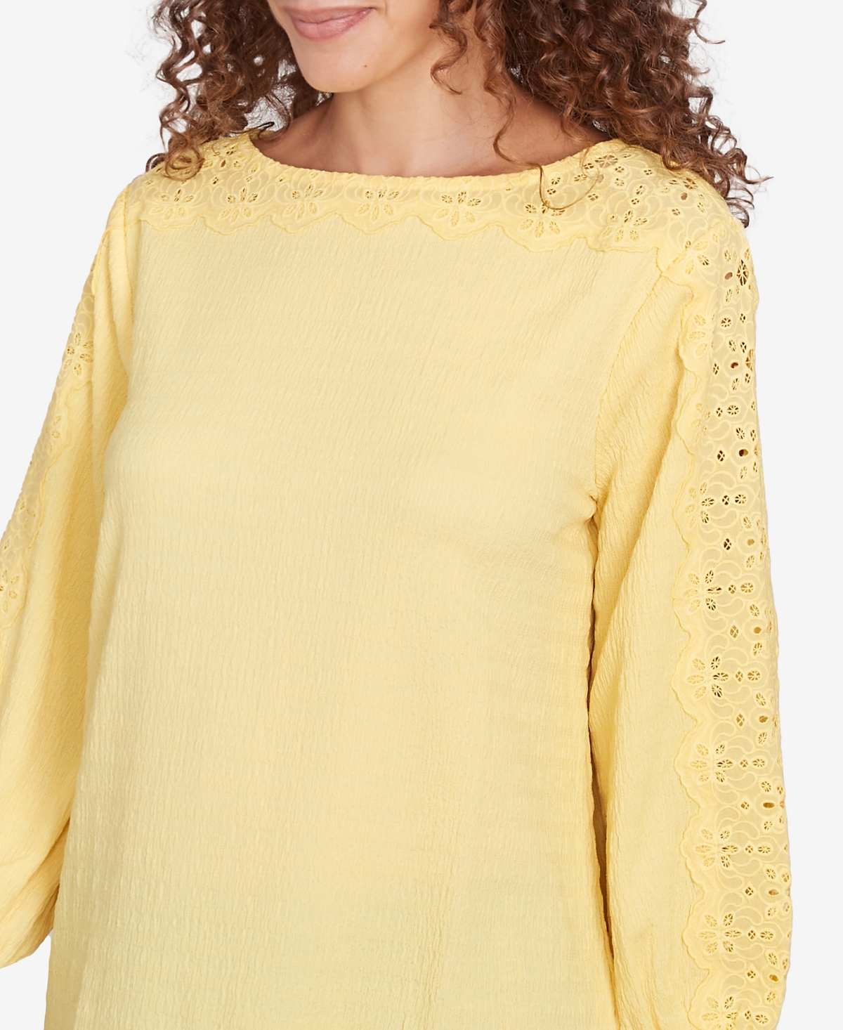 Ruby Rd. Petite Solid Textured Eyelet Sleeve Boat Neck Top In Yellow