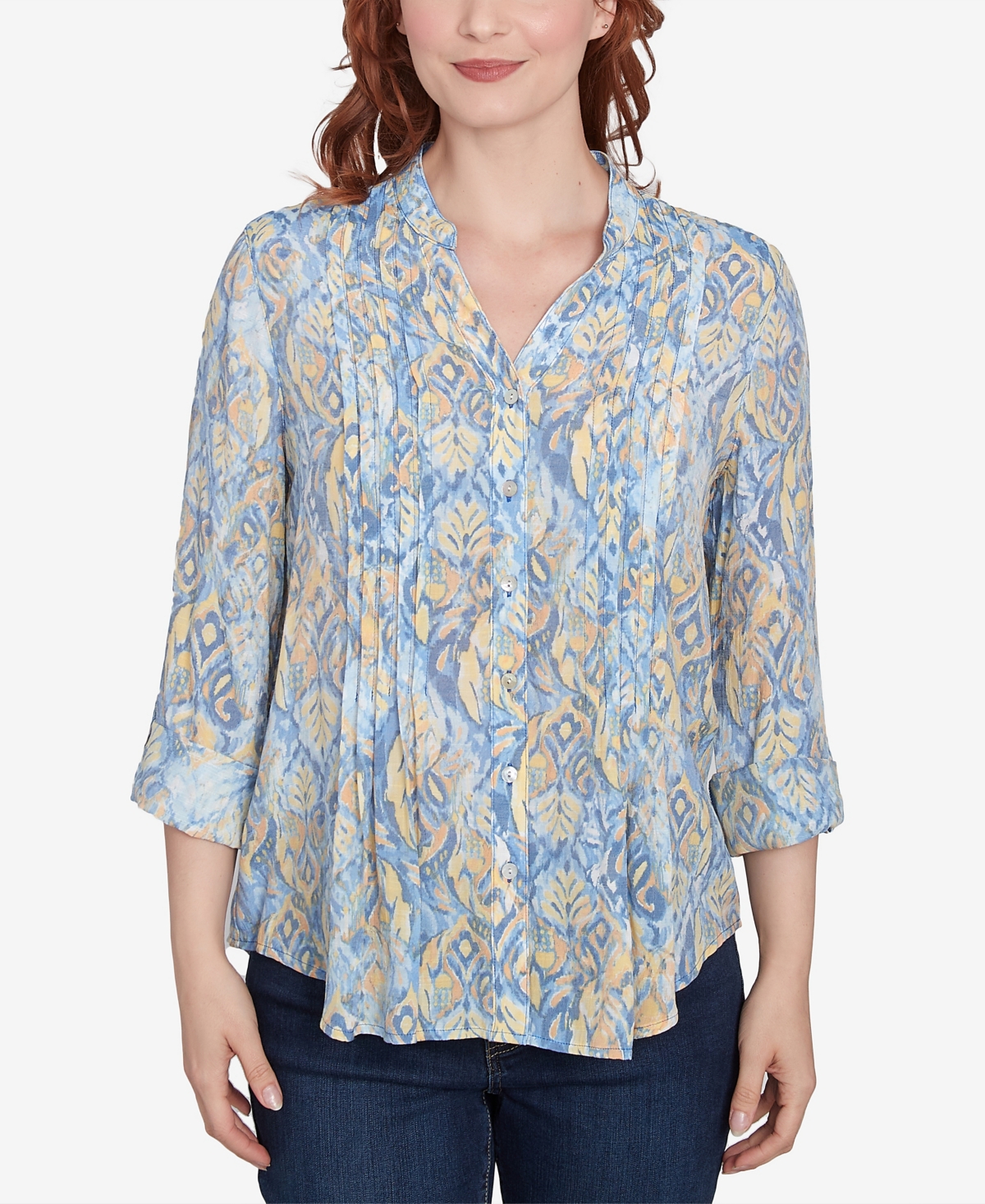 Petite Brushed Foulard Button Front Mandarin Collar Top - Bluebird Multi