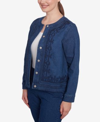 Petite Dark Stretch Denim Embroidered Jacket