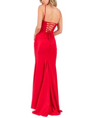 Juniors' Corset Draped-Front Side-Slit Gown