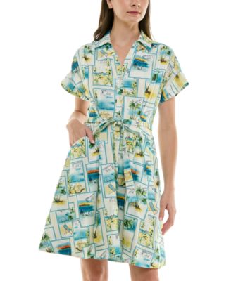 Petite Printed Short-Sleeve Belted Shirtdress