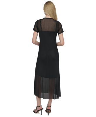 Women's Mesh Jewel-Neck Short-Sleeve Midi Dress