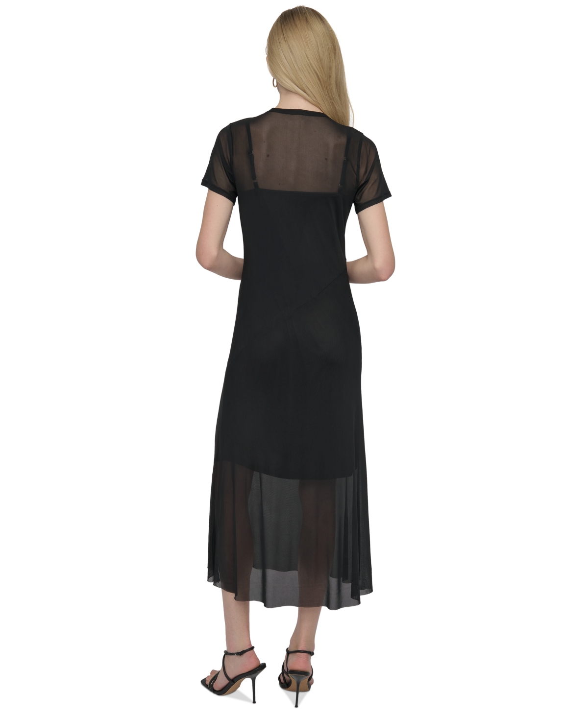 DKNY WOMEN'S MESH JEWEL-NECK SHORT-SLEEVE MIDI DRESS 