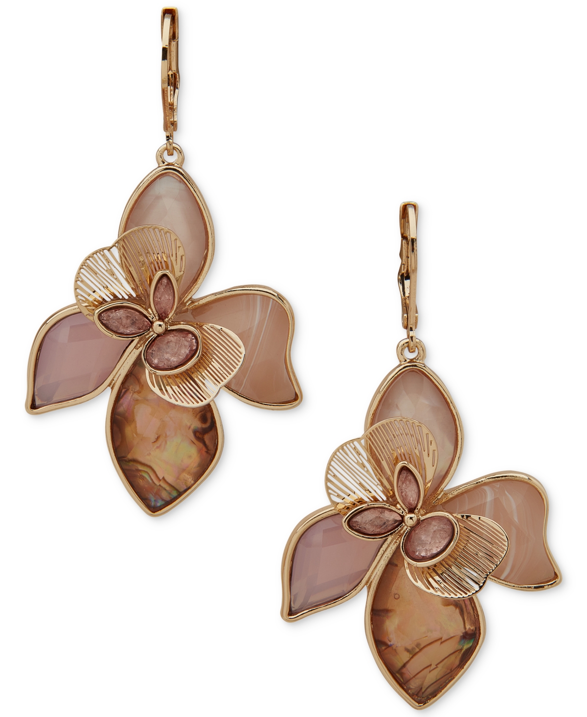 Gold-Tone Mixed Stone Flower Drop Earrings - Pink