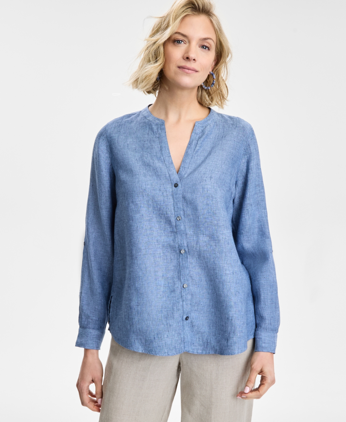 CHARTER CLUB WOMEN'S BUTTON-DOWN ROLL-TAB-SLEEVE WOVEN 100% LINEN TOP, EXCLUSIVELY AT MACY'S 