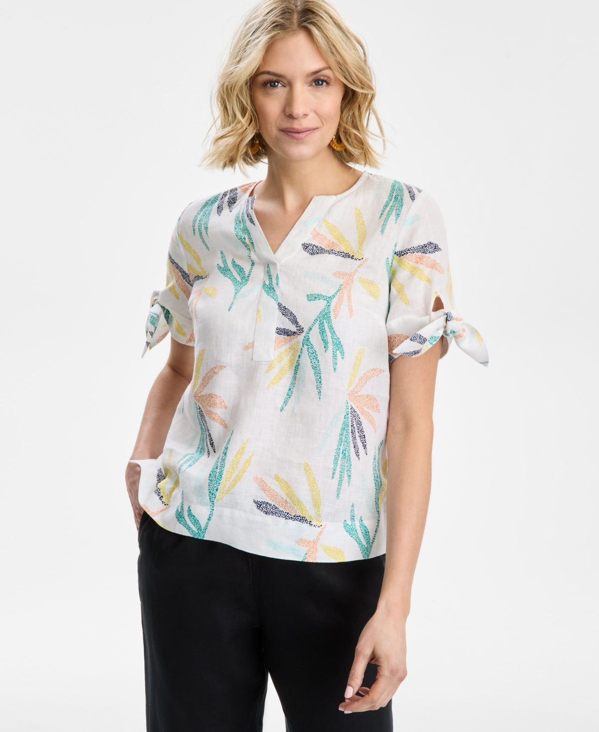CHARTER CLUB WOMEN'S TEXTURED-PALM TIE-SLEEVE WOVEN 100% LINEN TOP, EXCLUSIVELY AT MACY'S 