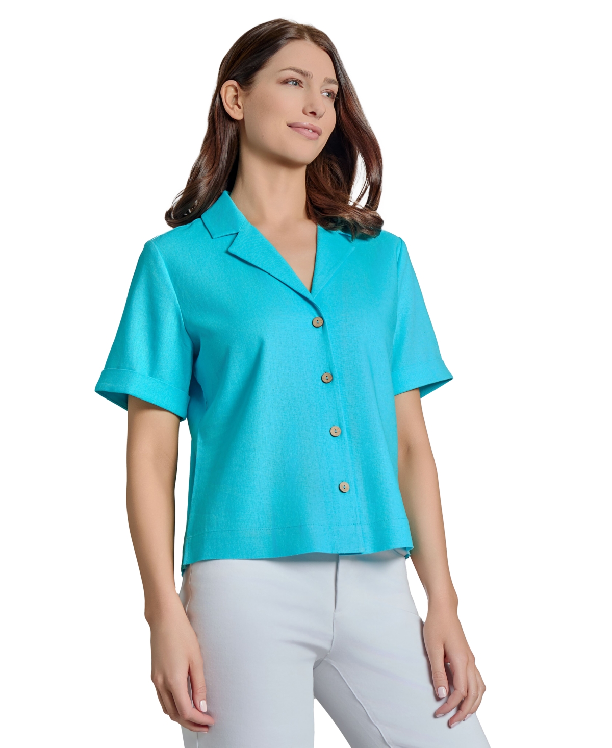 Jones New York Short Sleeve Linen Blend Button-up Shirt In Aqua Wave