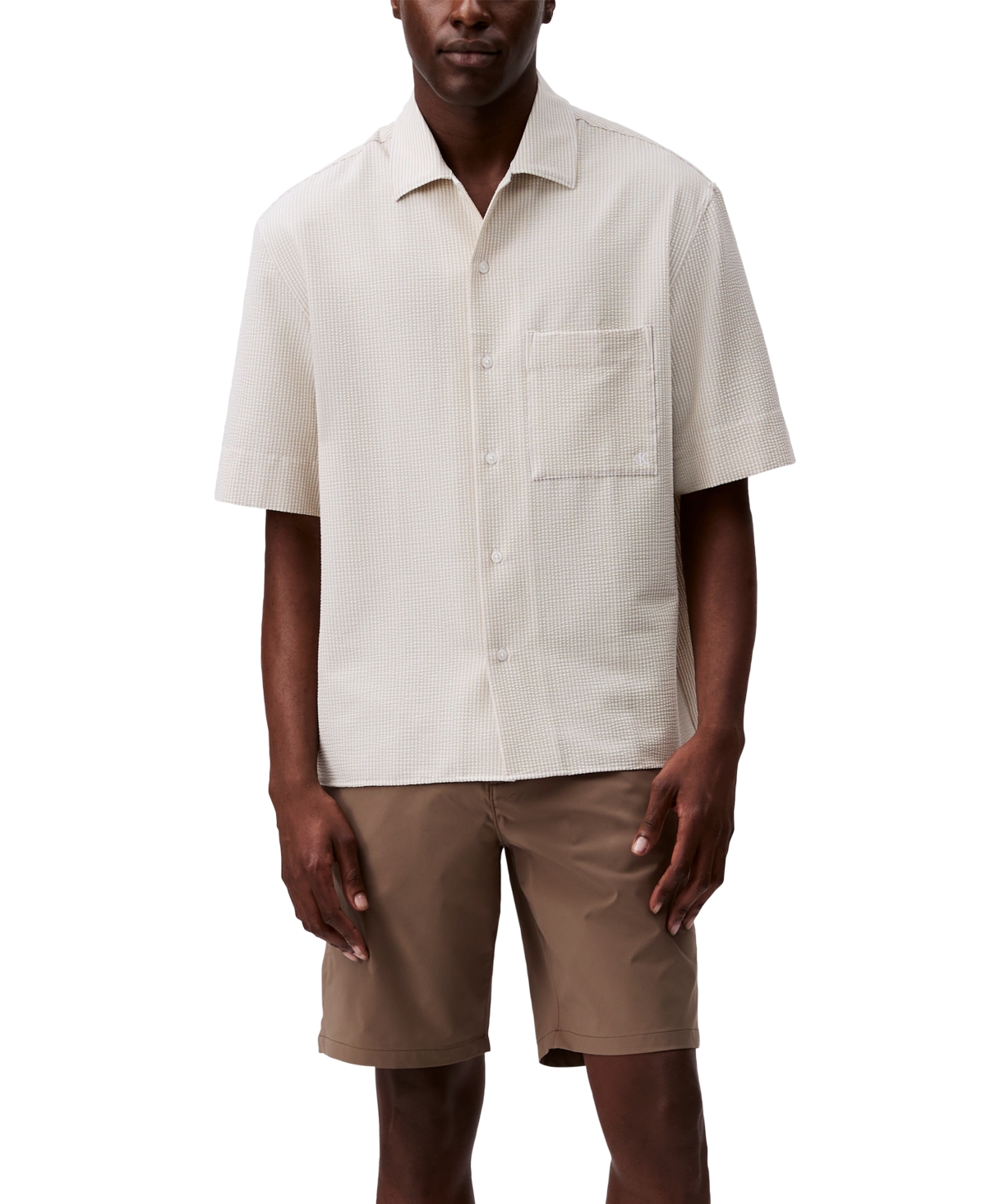 Calvin Klein Men's Relaxed Fit Short Sleeve Seersucker Striped Button-front Shirt In White
