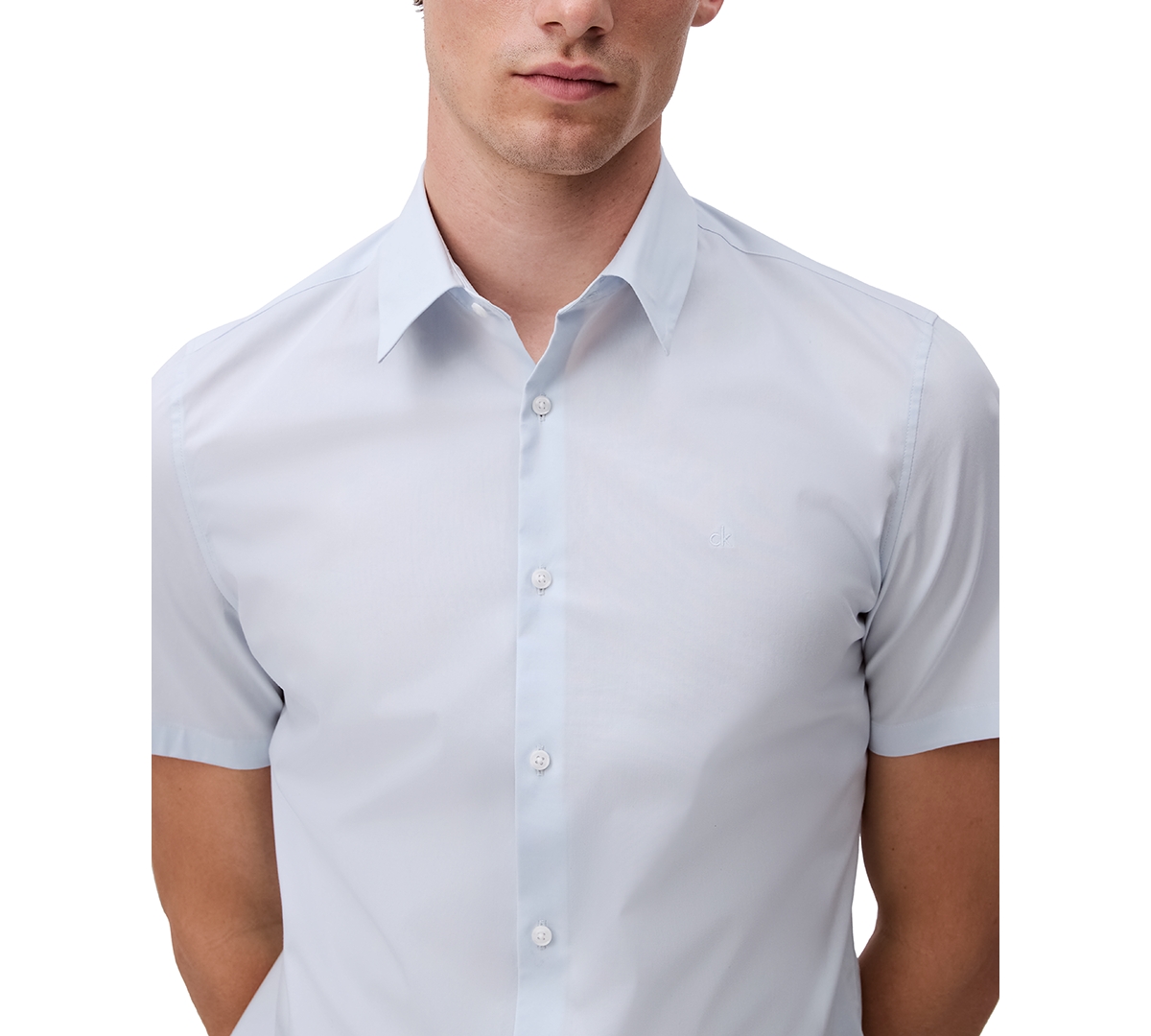 Shop Calvin Klein Men's Slim Fit Short Sleeve Solid Stretch Button-front Shirt In Plein Air