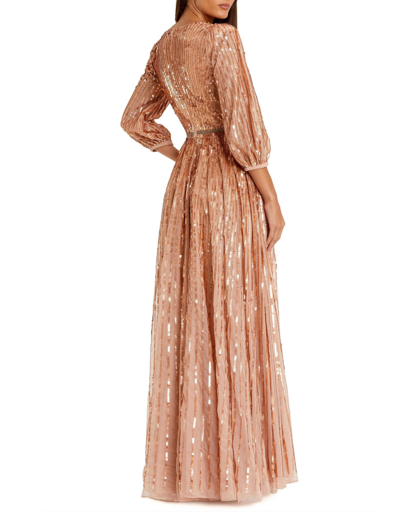Женское платье Mac Duggal Sequined Wrap Over 3/4 Sleeve Gown, цвет: Абрикосовый — фото 5