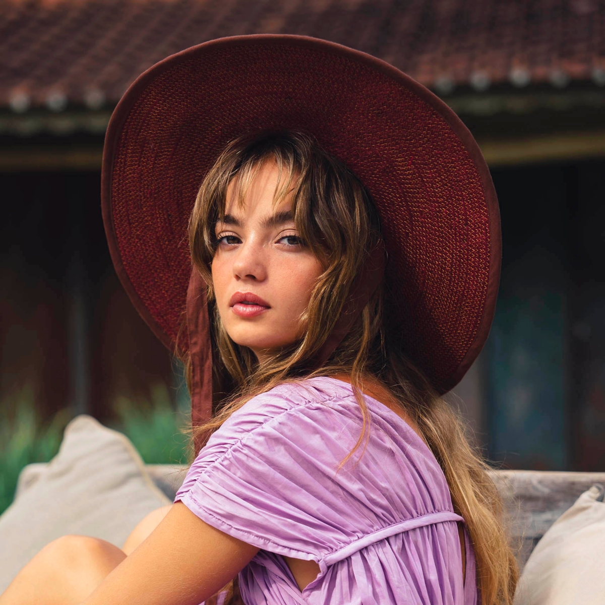 Brunna.co Lolo Wide-brim Jute Boater Hat in Burgundy