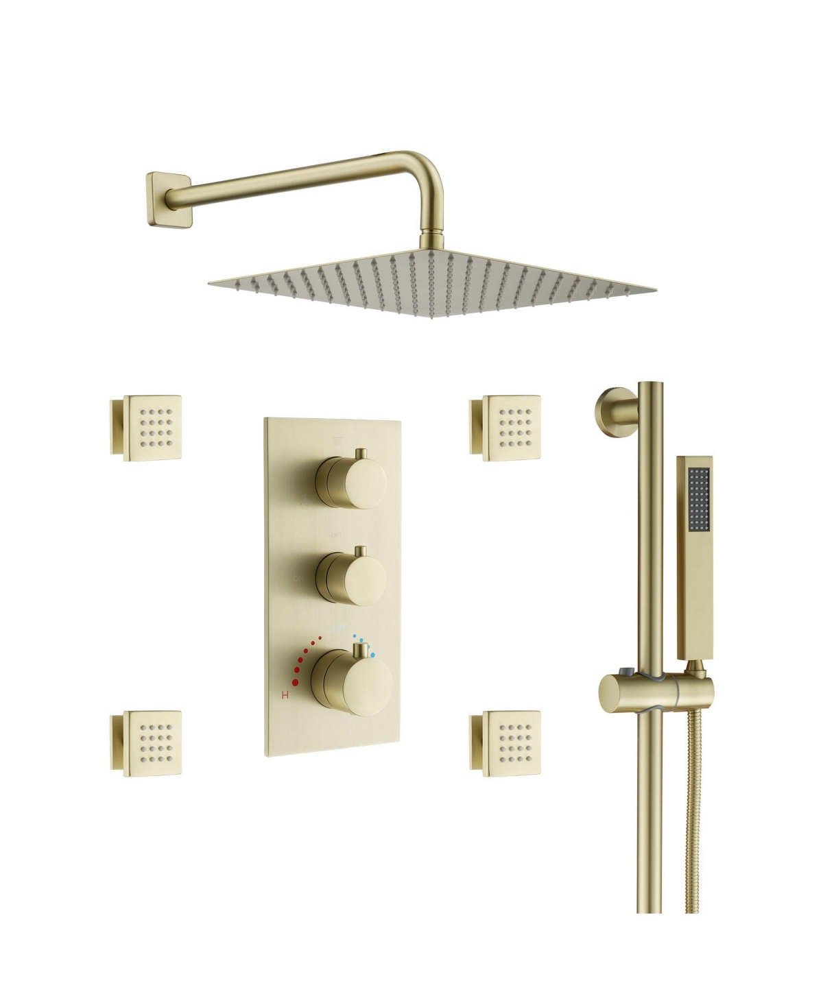 12-Inch Luxury Thermostatic Shower System with Body Jets, Stainless Steel Square Rainfall Shower Head, and Handheld Spray, 4 Side Body Jets - Brushed