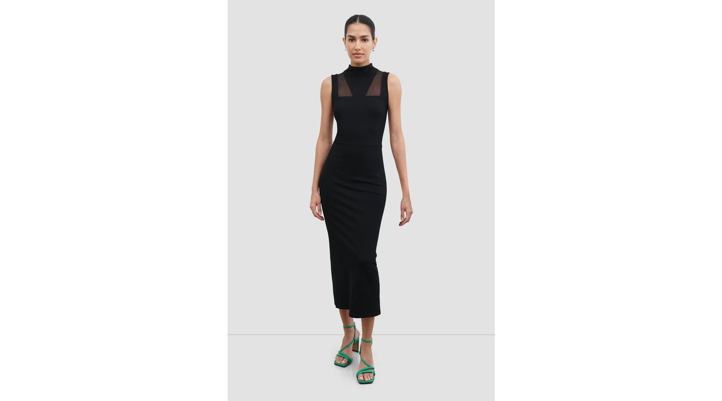 Женское платье Marcella Amelia Mesh-Cutout High-Neck Back-Slit Fitted Evening Midi, цвет: Чёрный — фото 1
