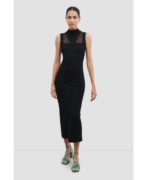 Женское платье Marcella Amelia Mesh-Cutout High-Neck Back-Slit Fitted Evening Midi, цвет: Чёрный