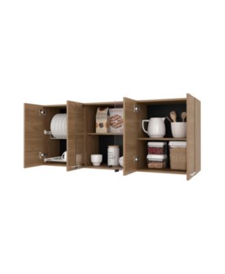 Lydia Wall Cabinet kitchen in Melamine wit 4 Doors  and Glass Storage, Natural Oak