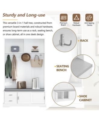 Streamdale Space-Saving Hall Tree Sliding Doors, Silvery Hooks, Mudroom Bench, Shoe Storage, Cushion