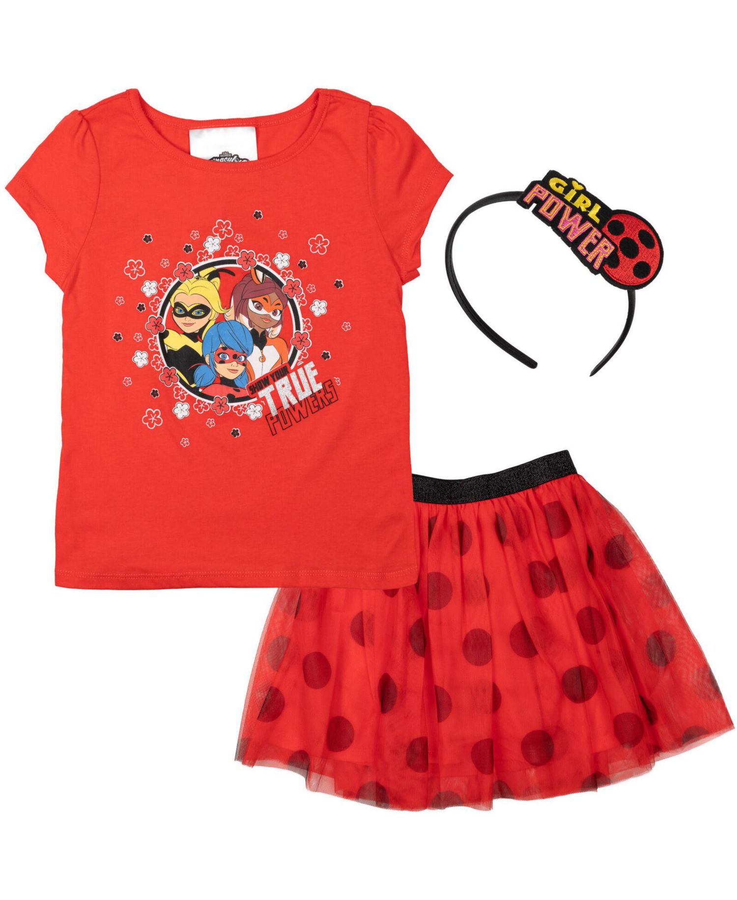 Girls Ladybug Rena Rouge Queen Bee T-Shirt, Skirt and Satin Headband 3 Piece Outfit Set to