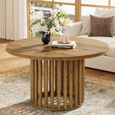 Solid Wood Round Coffee Table, 31.5-Inch Farmhouse Wooden Circle Center Cocktail Tea Table
