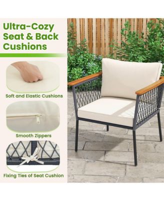 Set of 4 Furniture Set w/2-Tier Coffee Table Acacia Wood Armrests Tabletop