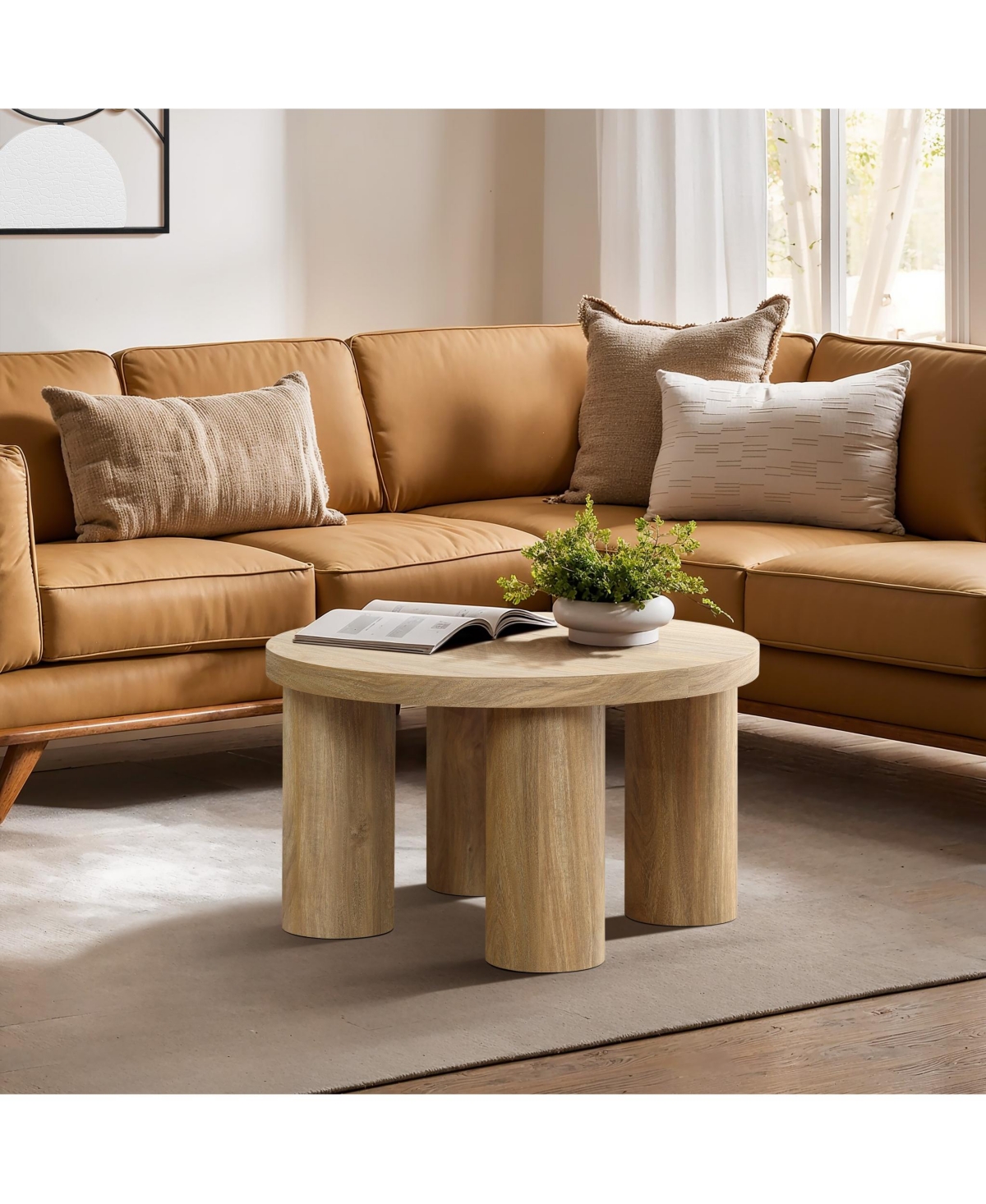 Luxenhome Oak Finish Manufactured Wood Round Coffee Table With 4 Pillar Legs In Oak Wood