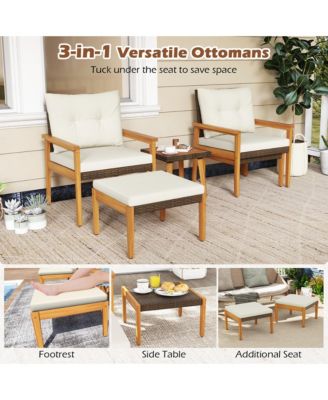 5 Piece Rattan Furniture Set Wood Frame Chairs & Ottomans w/ Square Coffee Table