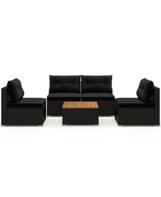 5 Piece Outdoor Furniture Set w/ Seat & Back Cushions Acacia Wood Tabletop