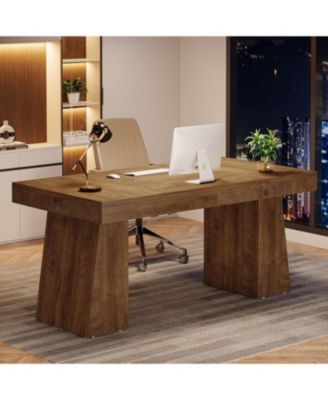 55 Inches Executive Desk, Mid-Century Modern Home Office Desk with Double Trapezoid Base, Wood Computer Desk Business Workstation Desk