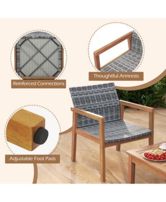 3 Pieces Outdoor Furniture Set Acacia Wood Frame Sofa Set w/ Rattan Seat