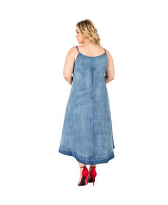Plus Size Women's Denim Tencel Raw Hem Midi Slip Dress