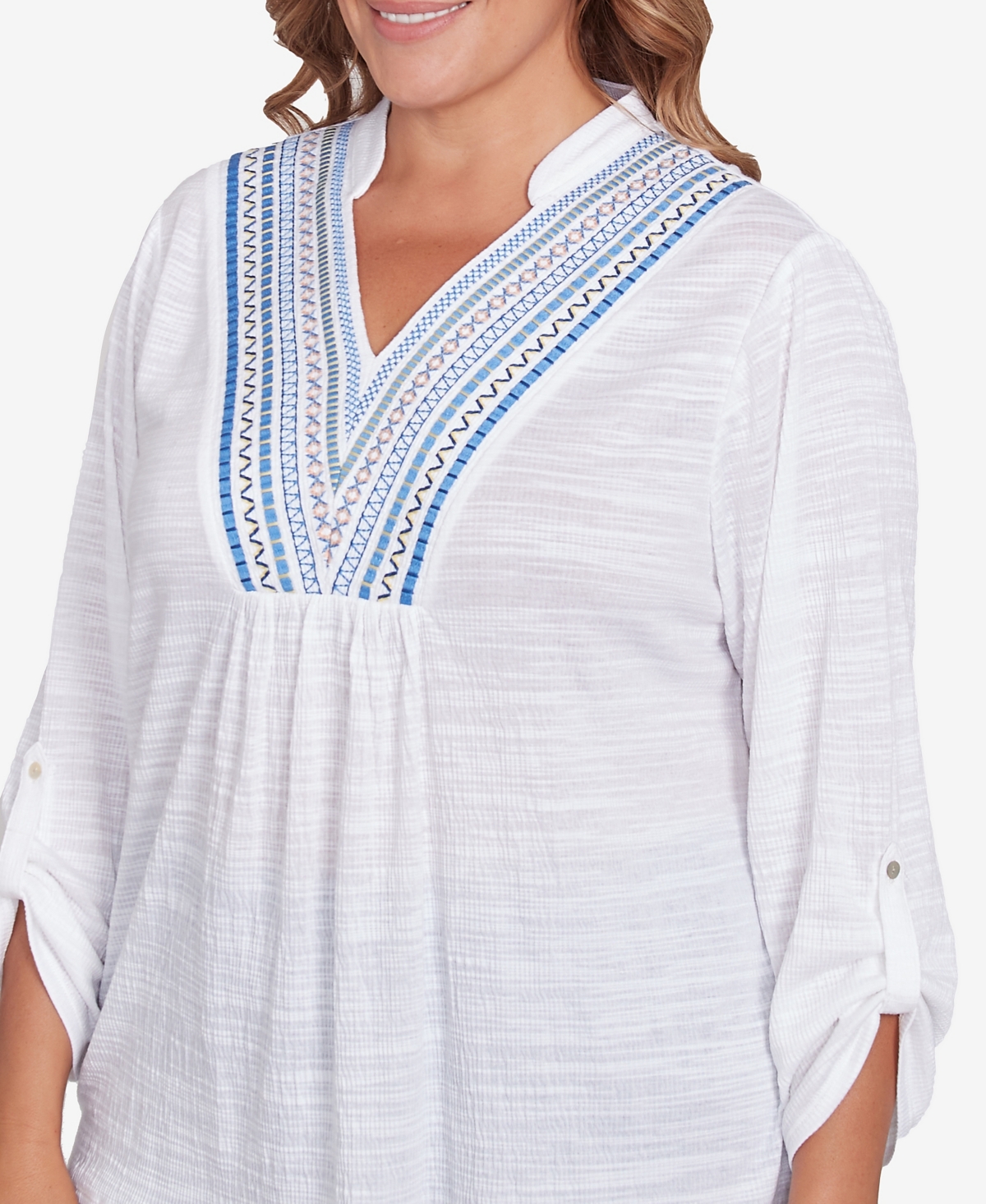 Ruby Rd. Plus Size Soft Relaxed Textured V-neck Trim Top In White