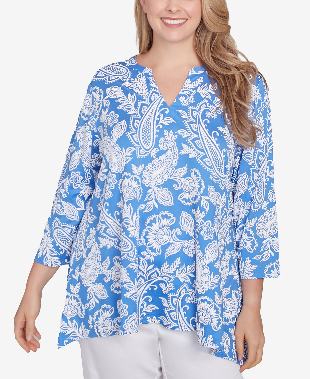 Ruby Rd. Plus Size Jacobean Paisley Puff Print V-neck Top In Bluebird Multi
