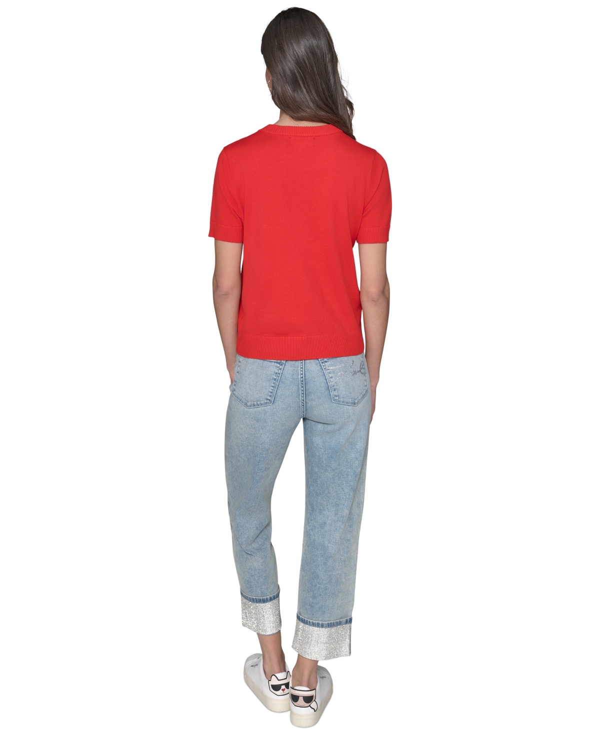 Karl Lagerfeld Petite Crystal Bonjour Short-sleeve Sweater In Apple Red