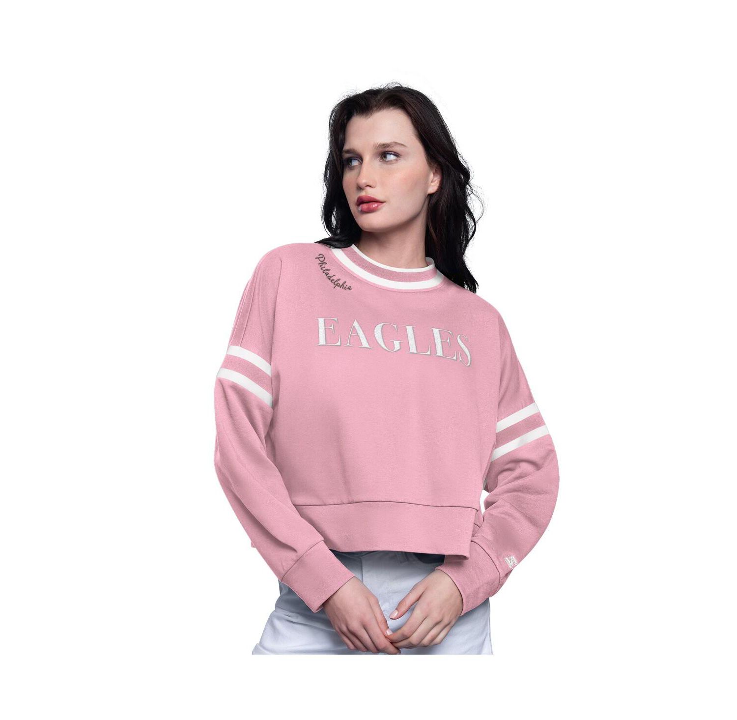 Women's Pink Philadelphia Eagles Power Play Cropped Pullover Sweatshirt