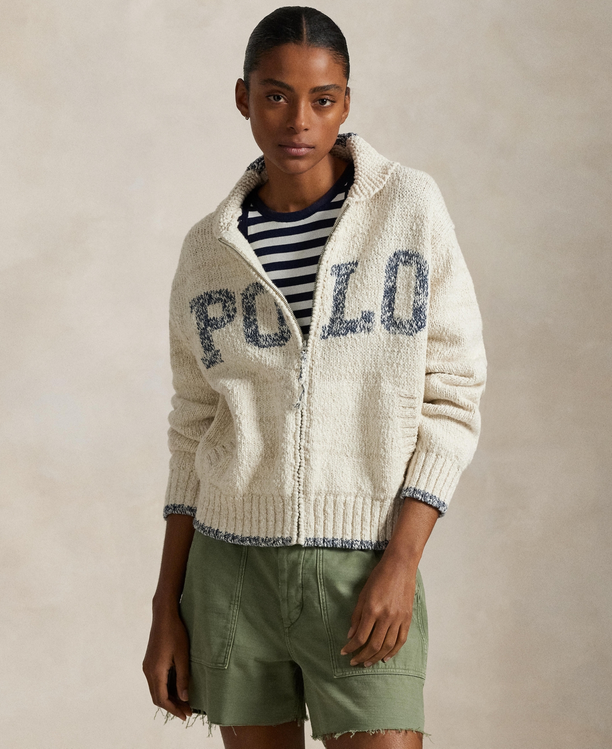Polo Ralph Lauren Logo Cotton Zip-up Sweater In Cream,blue Multi