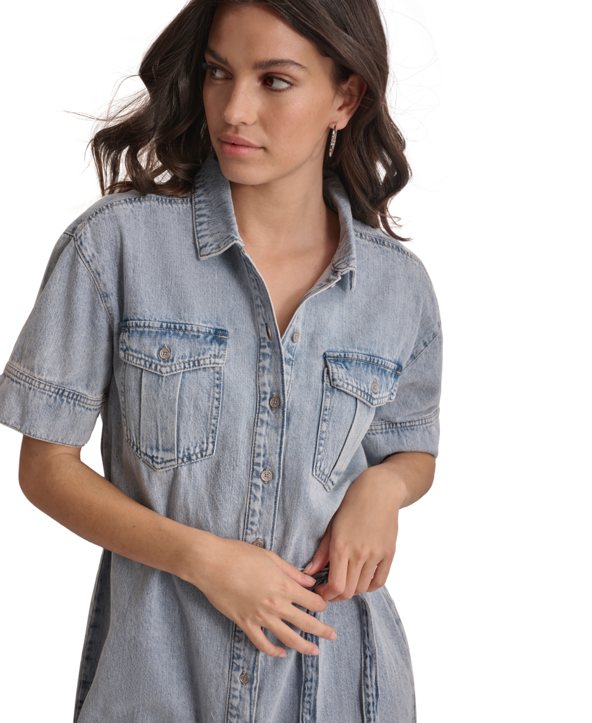 Shop Dkny Jeans Petite Cotton Belted Utility Shirtdress In Cooper