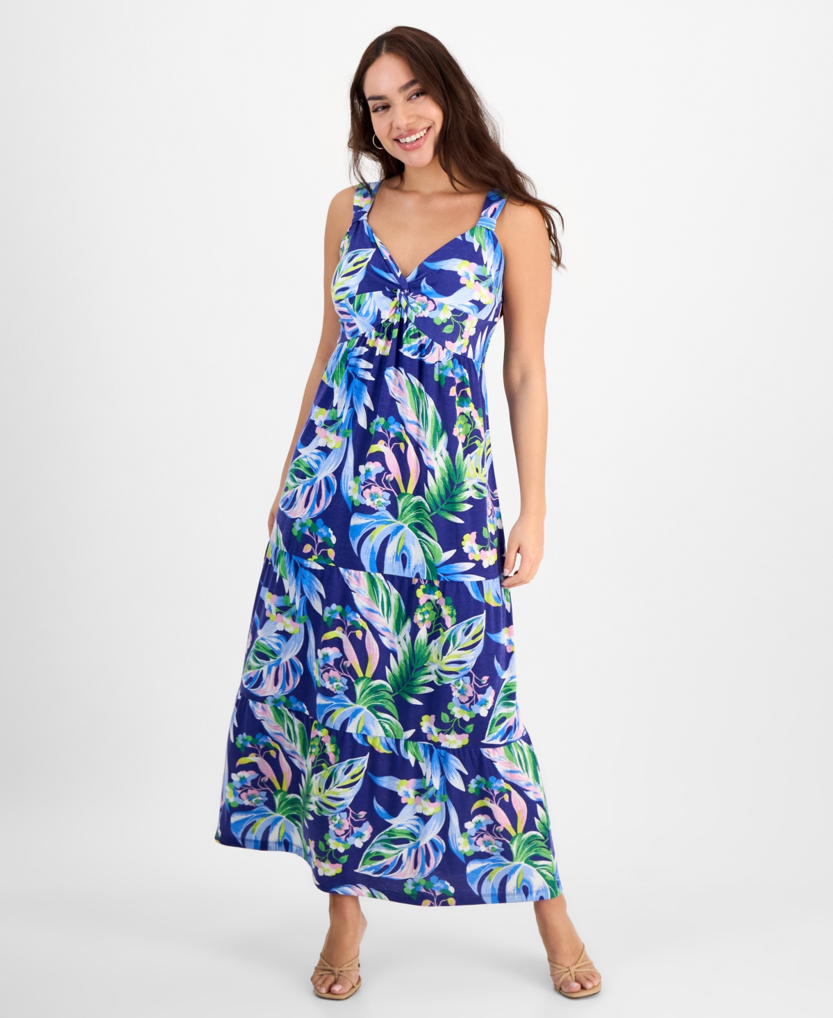 Petite Printed Twist-Front Sleeveless Maxi Dress - True Blue Combo