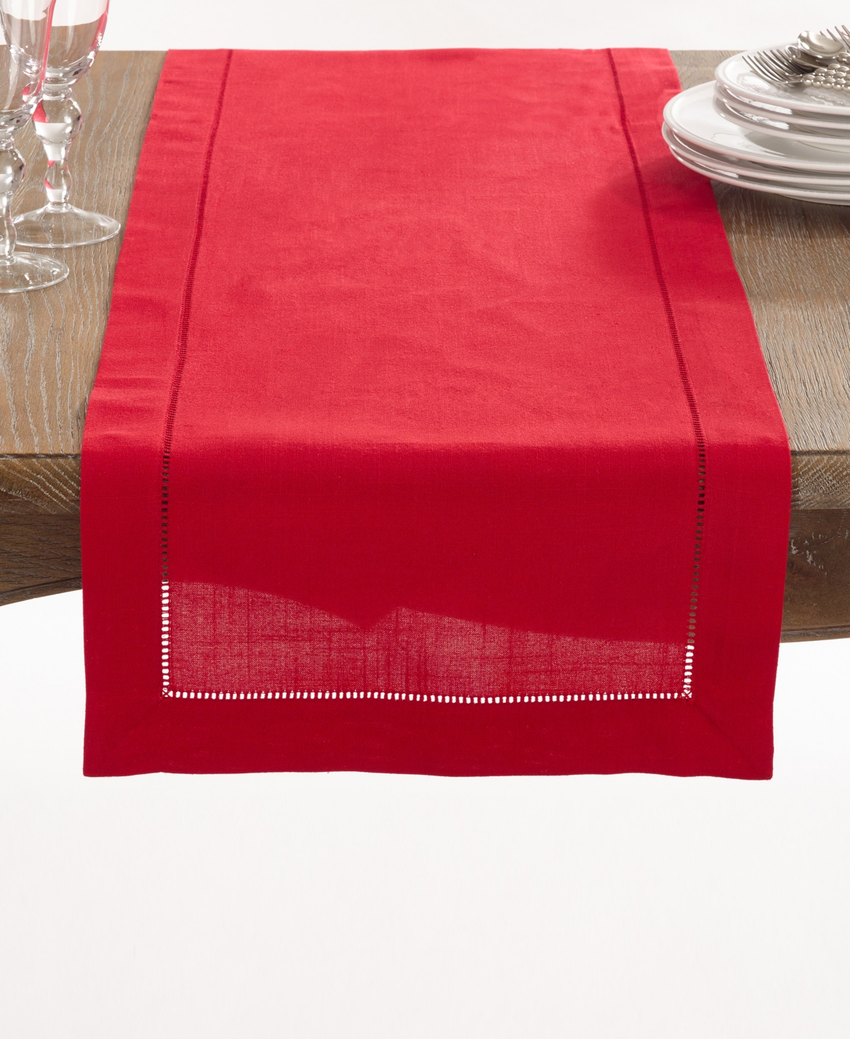 Saro Lifestyle Hemstitched Border Table Runner, 16" X 54" In Red