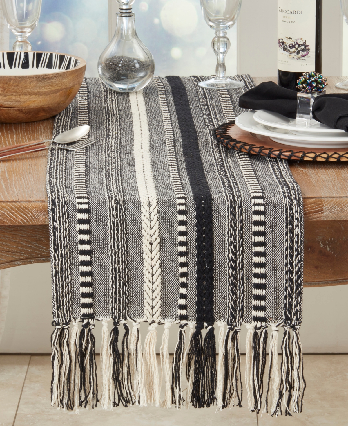 Saro Lifestyle Fringe Detail Braided Stripe Table Runner, 14" X 72" In Black